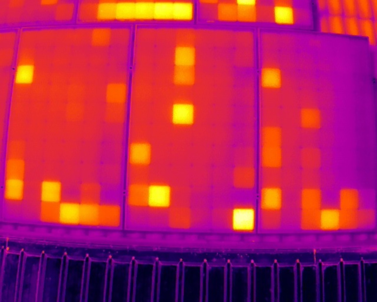 Thermal image of solar panels showing localised temperature differences